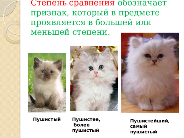 Степень сравнения обозначает признак, который в предмете проявляется в большей или меньшей степени. Пушистый Пушистее,  более пушистый Пушистейший, самый пушистый 