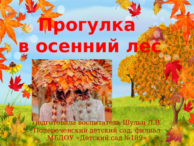 Прогулка  в осенний лес Подготовила воспитатель Шульц Л.В. Попереченский детский сад, филиал МБДОУ «Детский сад №189» 