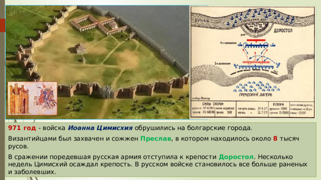 971 год - войска Иоанна Цимисхия обрушились на болгарские города. Византийцами был захвачен и сожжен Преслав , в котором находилось около 8 тысяч русов. В сражении поредевшая русская армия отступила к крепости Доростол . Несколько недель Цимисхий осаждал крепость. В русском войске становилось все больше раненых и заболевших. 