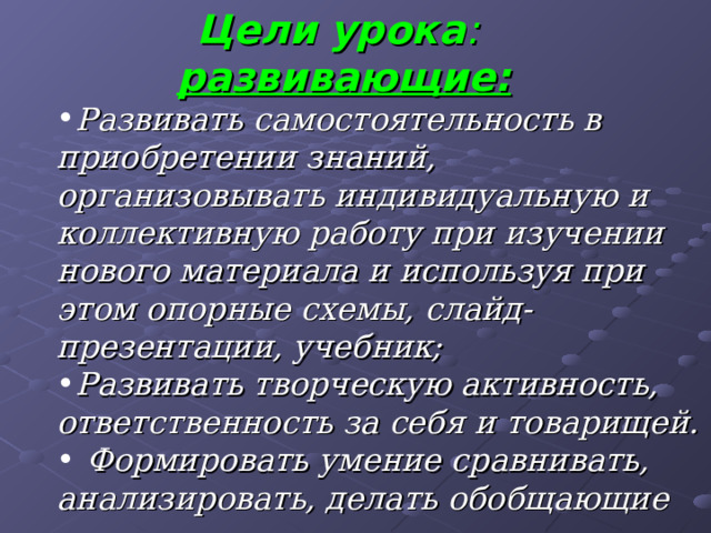 Цели урока :  развивающие: Развивать самостоятельность в приобретении знаний, организовывать индивидуальную и коллективную работу при изучении нового материала и используя при этом опорные схемы, слайд-презентации, учебник; Развивать творческую активность, ответственность за себя и товарищей.  Формировать умение сравнивать, анализировать, делать обобщающие выводы. Развивать самостоятельность в приобретении знаний, организовывать индивидуальную и коллективную работу при изучении нового материала и используя при этом опорные схемы, слайд-презентации, учебник; Развивать творческую активность, ответственность за себя и товарищей.  Формировать умение сравнивать, анализировать, делать обобщающие выводы.   