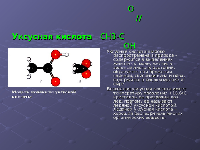  O  ∕∕  Уксусная кислота CH 3- C     OH Уксусная кислота широко распространена в природе – содержится в выделениях животных: моче, желчи, в зеленых листьях растений, образуется при брожении, гниении, скисании вина и пива, содержится в кислом молоке и сыре. Безводная уксусная кислота имеет температуру плавления +16.6 о С, кристаллы ее прозрачны как лед, поэтому ее называют ледяной уксусной кислотой. Ледяная уксусная кислота – хороший растворитель многих органических веществ. Модель молекулы уксусной кислоты 