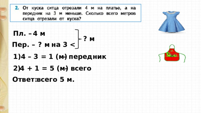 Пл. – 4 м ? м на 3  ? м Пер. –  1) 4 – 3 = 1 ( м ) – передник 2) 4 + 1 = 5 ( м ) – всего Ответ: всего 5 м. 
