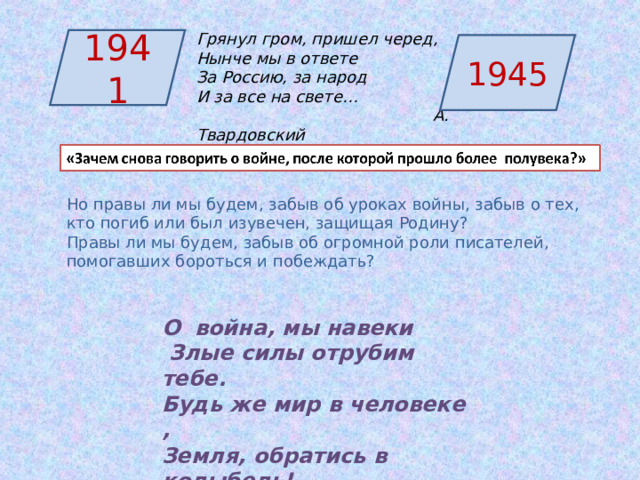 Грянул гром, пришел черед, Нынче мы в ответе За Россию, за народ И за все на свете…  А. Твардовский  1941 1945 Но правы ли мы будем, забыв об уроках войны, забыв о тех, кто погиб или был изувечен, защищая Родину? Правы ли мы будем, забыв об огромной роли писателей, помогавших бороться и побеждать? О война, мы навеки  Злые силы отрубим тебе. Будь же мир в человеке , Земля, обратись в колыбель! О.Шираз О.Шираз О.Шираз 