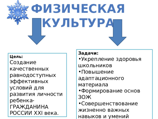 Физическая культура Задачи: Укрепление здоровья школьников Повышение адаптационного материала Формирование основ ЗОЖ Совершенствование жизненно важных навыков и умений Цель: Создание качественных равнодоступных эффективных условий для развития личности ребенка- ГРАЖДАНИНА РОССИИ ХХI века. 