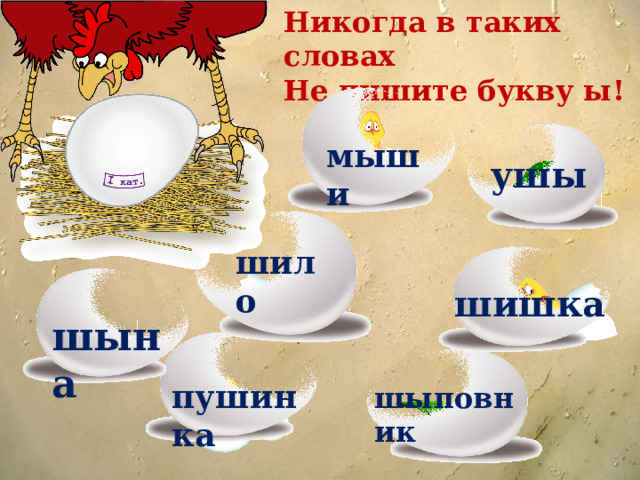 Никогда в таких словах Не пишите букву ы! мыши ушы шило шишка шына пушинка шыповник 