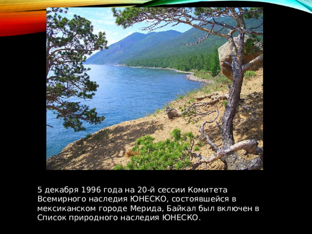 5 декабря 1996 года на 20-й сессии Комитета Всемирного наследия ЮНЕСКО, состоявшейся в мексиканском городе Мерида, Байкал был включен в Список природного наследия ЮНЕСКО. 