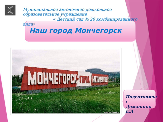 Муниципальное автономное дошкольное образовательное учреждение  « Детский сад № 28 комбинированного вида» Наш город Мончегорск Подготовила: Домашняя Е.А 