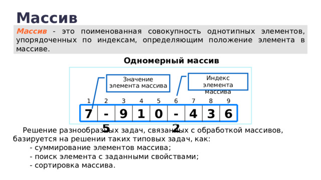 Массив Массив - это поименованная совокупность однотипных элементов, упорядоченных по индексам, определяющим положение элемента в массиве. Одномерный массив Индекс элемента массива Значение элемента массива 8 9 1 7 6 2 3 4 5 6 3 4 -2 0 9 -5 7 1 Решение разнообразных задач, связанных с обработкой массивов, базируется на решении таких типовых задач, как:  - суммирование элементов массива;  - поиск элемента с заданными свойствами;  - сортировка массива. 