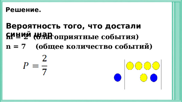 Решение. Вероятность того, что достали синий шар m = 2 ( благоприятные события) n = 7 (общее количество событий)  