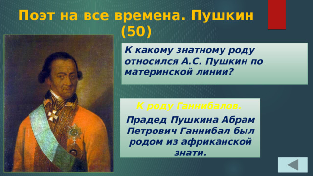 Поэт на все времена. Пушкин  (50) К какому знатному роду относился А.С. Пушкин по материнской линии? К роду Ганнибалов. Прадед Пушкина Абрам Петрович Ганнибал был родом из африканской знати. 