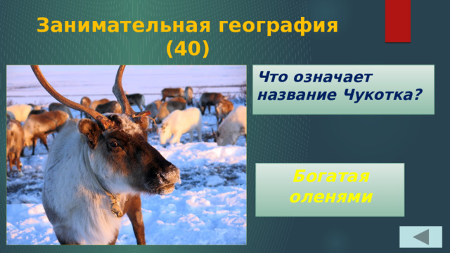Занимательная география  (40) Что означает название Чукотка? Богатая оленями 