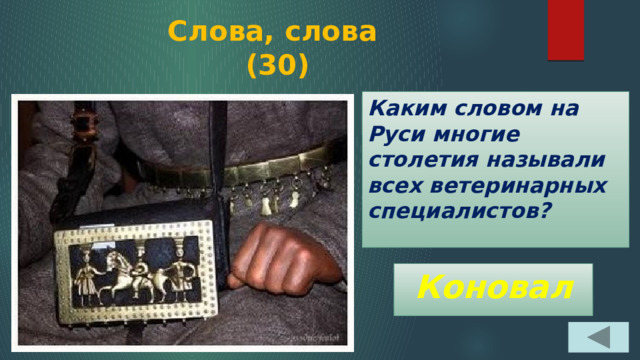 Слова, слова  (30) Каким словом на Руси многие столетия называли всех ветеринарных специалистов? Коновал 