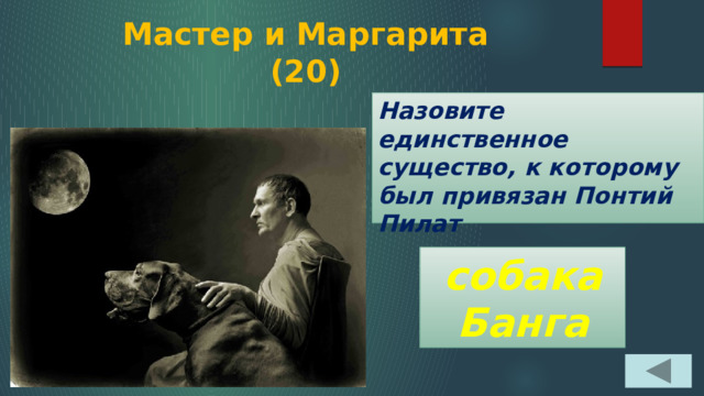 Мастер и Маргарита  (20) Назовите единственное существо, к которому был привязан Понтий Пилат собака Банга 