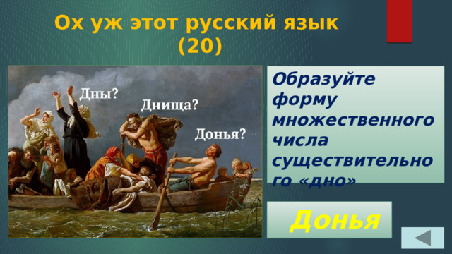 Ох уж этот русский язык  (20) Образуйте форму множественного числа существительного «дно»  Донья 