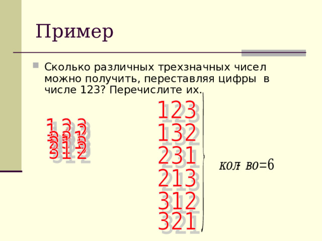 Сколько различных трехзначных чисел можно получить, переставляя цифры в числе 123? Перечислите их.  