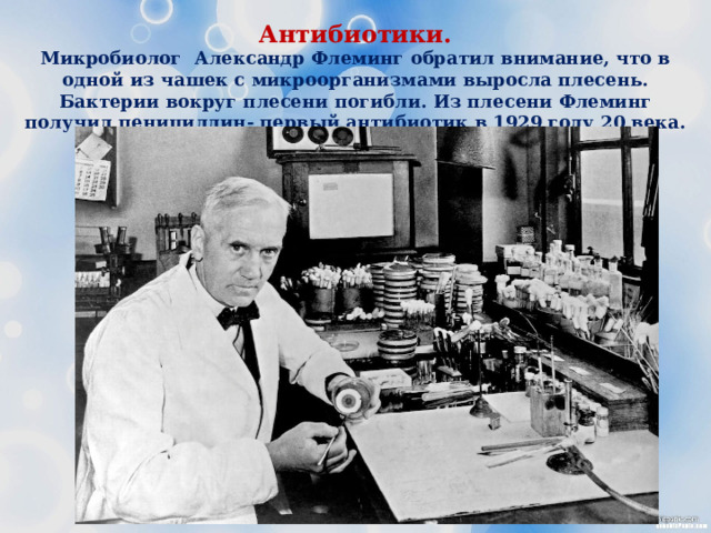 Антибиотики.  Микробиолог Александр Флеминг обратил внимание, что в одной из чашек с микроорганизмами выросла плесень. Бактерии вокруг плесени погибли. Из плесени Флеминг получил пенициллин- первый антибиотик в 1929 году 20 века. 