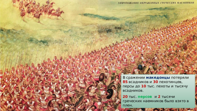 В сражении македонцы потеряли 85 всадников и 30 пехотинцев, персы до 10 тыс. пехоты и тысячу всадников. 20  тыс. персов и 2 тысячи греческих наемников было взято в плен. 