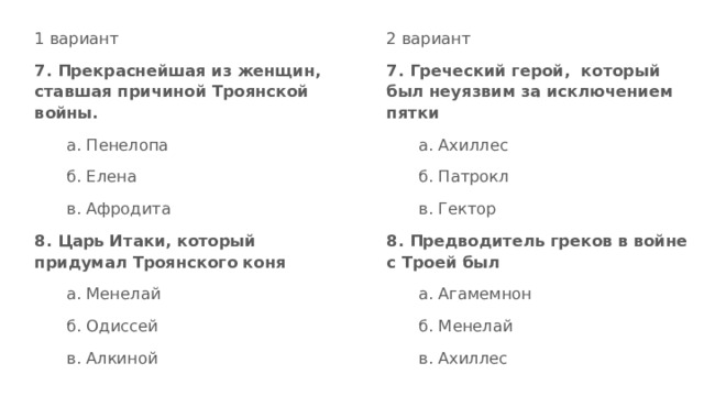 1 вариант 2 вариант 7. Греческий герой, который был неуязвим за исключением пятки 7. Прекраснейшая из женщин, ставшая причиной Троянской войны. а. Пенелопа а. Ахиллес б. Елена б. Патрокл в. Афродита в. Гектор 8. Царь Итаки, который придумал Троянского коня 8. Предводитель греков в войне с Троей был а. Менелай а. Агамемнон б. Одиссей б. Менелай в. Алкиной в. Ахиллес 