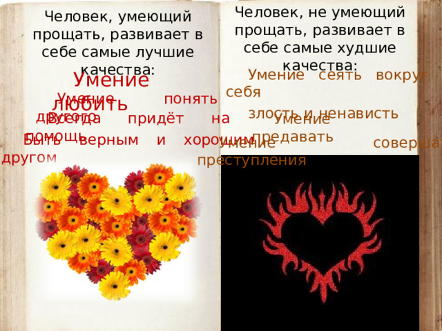 Человек, не умеющий прощать, развивает в себе самые худшие качества: Человек, умеющий прощать, развивает в себе самые лучшие качества: Умение сеять вокруг себя злость и ненависть Умение любить Умение понять другого Всегда придёт на помощь Умение предавать Быть верным и хорошим другом Умение совершать преступления  