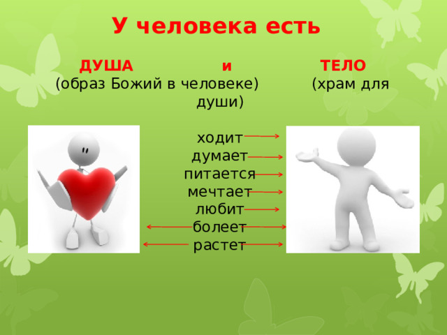 У человека есть   ДУША и ТЕЛО  (образ Божий в человеке) (храм для души) ходит думает питается мечтает любит болеет растет 
