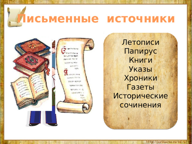Письменные источники Летописи Папирус Книги Указы Хроники Газеты Исторические сочинения 