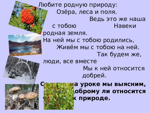 Сегодня на уроке мы выясним, по-доброму ли относится человек к природе. 