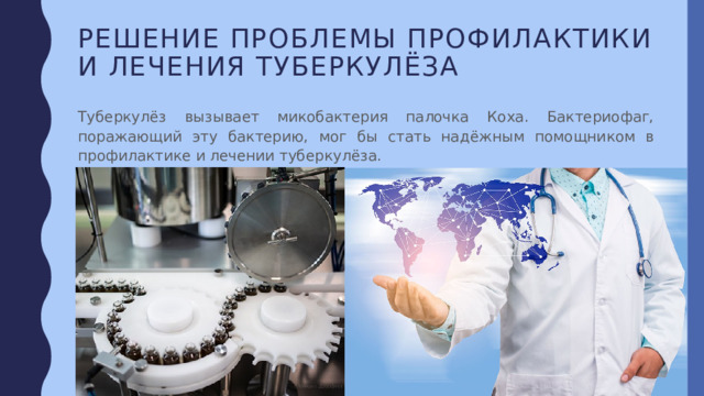 Решение проблемы профилактики и лечения туберкулёза Туберкулёз вызывает микобактерия палочка Коха. Бактериофаг, поражающий эту бактерию, мог бы стать надёжным помощником в профилактике и лечении туберкулёза. 