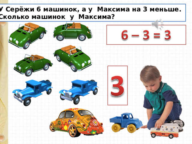 У Серёжи 6 машинок, а у Максима на 3 меньше. Сколько машинок у Максима? 