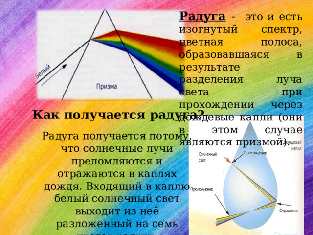 Радуга  - это и есть изогнутый спектр, цветная полоса, образовавшаяся в результате разделения луча света при прохождении через дождевые капли (они в этом случае являются призмой). Как получается радуга? Радуга получается потому, что солнечные лучи преломляются и отражаются в каплях дождя. Входящий в каплю белый солнечный свет выходит из неё разложенный на семь цветов радуги. 