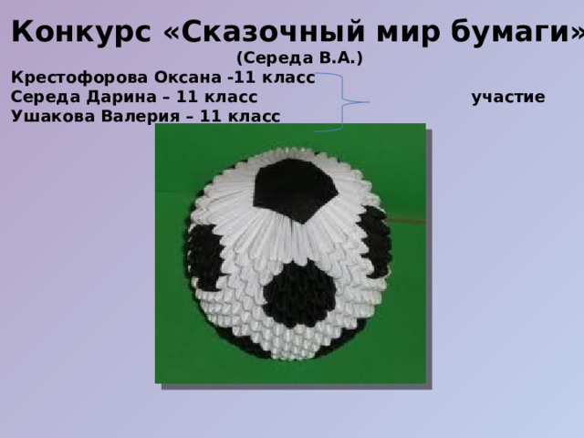 Конкурс «Сказочный мир бумаги» (Середа В.А.) Крестофорова Оксана -11 класс Середа Дарина – 11 класс участие Ушакова Валерия – 11 класс  