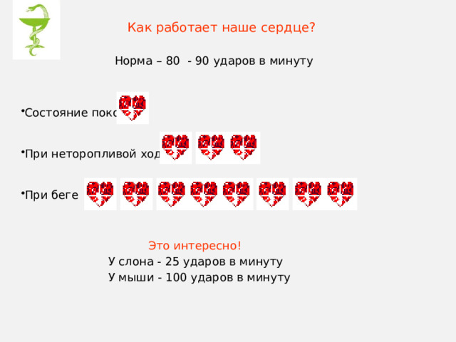 Как работает наше сердце? Норма – 80 - 90 ударов в минуту Состояние покоя При неторопливой ходьбе При беге  Это интересно! У слона - 25 ударов в минуту У мыши - 100 ударов в минуту 