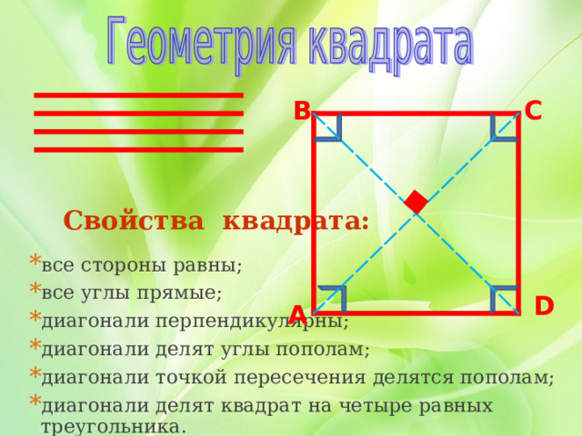 В С  Свойства квадрата: все стороны равны; все углы прямые; диагонали перпендикулярны; диагонали делят углы пополам; диагонали точкой пересечения делятся пополам; диагонали делят квадрат на четыре равных  треугольника. все стороны равны; все углы прямые; диагонали перпендикулярны; диагонали делят углы пополам; диагонали точкой пересечения делятся пополам; диагонали делят квадрат на четыре равных  треугольника. D А 