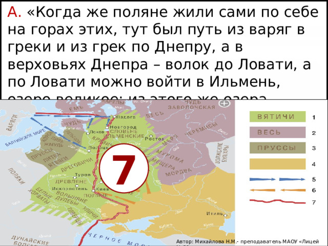 А. «Когда же поляне жили сами по себе на горах этих, тут был путь из варяг в греки и из грек по Днепру, а в верховьях Днепра – волок до Ловати, а по Ловати можно войти в Ильмень, озеро великое; из этого же озера вытекает Волхов и впадает в озеро великое Нево, и устье того озера впадает в море Варяжское». 7 Автор: Михайлова Н.М.- преподаватель МАОУ «Лицей № 21» 