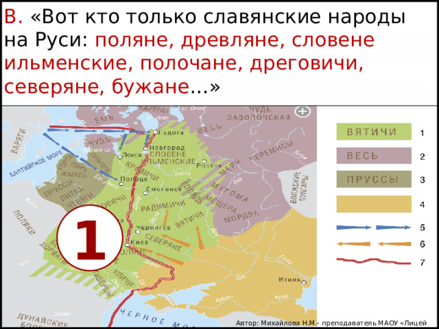 В. «Вот кто только славянские народы на Руси: поляне, древляне, словене ильменские, полочане, дреговичи, северяне, бужане …» 1 Автор: Михайлова Н.М.- преподаватель МАОУ «Лицей № 21» 