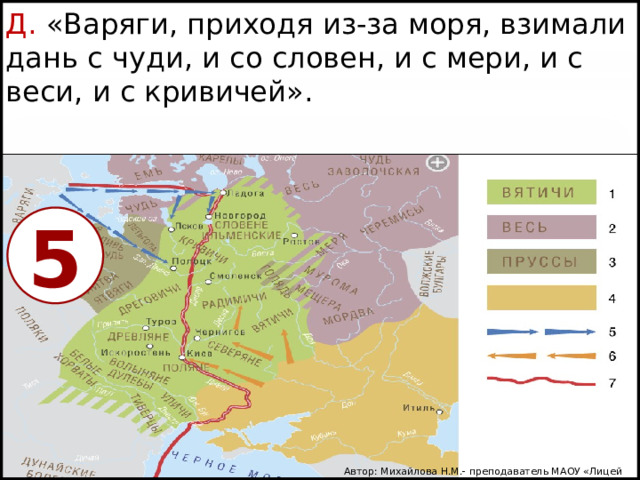 Д. «Варяги, приходя из-за моря, взимали дань с чуди, и со словен, и с мери, и с веси, и с кривичей». 5 Автор: Михайлова Н.М.- преподаватель МАОУ «Лицей № 21» 