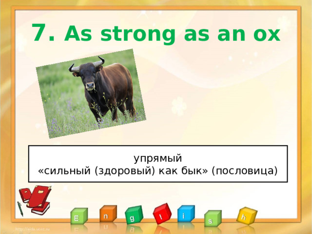 7 . As strong as an ox упрямый «сильный (здоровый) как бык» (пословица) 