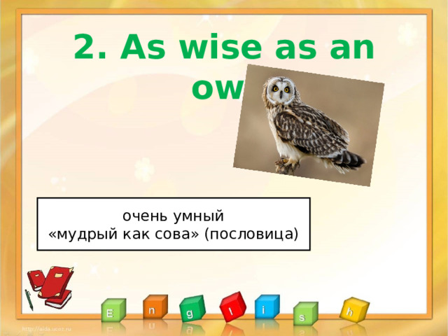 2 . As wise as an owl очень умный «мудрый как сова» (пословица) 