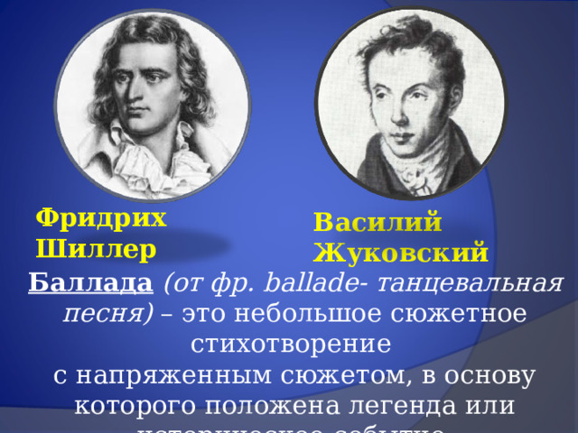 Фридрих Шиллер Василий Жуковский Баллада  (от фр. ballade- танцевальная песня) – это небольшое сюжетное стихотворение с напряженным сюжетом, в основу которого положена легенда или историческое событие. 