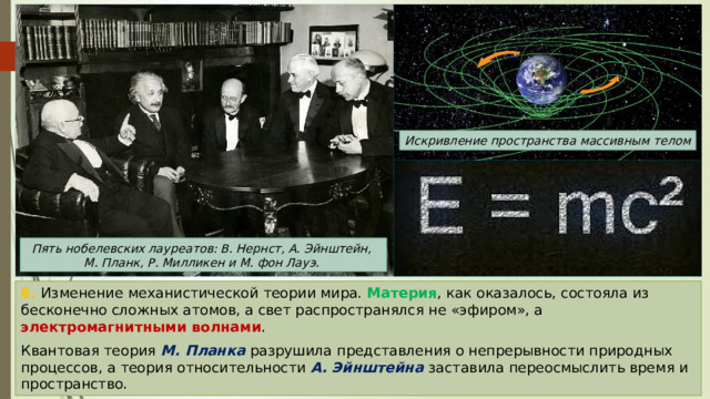Искривление пространства массивным телом Пять нобелевских лауреатов: В. Нернст, А. Эйнштейн, М. Планк, Р. Милликен и М. фон Лауэ. 6. Изменение механистической теории мира. Материя , как оказалось, состояла из бесконечно сложных атомов, а свет распространялся не «эфиром», а электромагнитными волнами . Квантовая теория М. Планка разрушила представления о непрерывности природных процессов, а теория относительности А. Эйнштейна заставила переосмыслить время и пространство. 