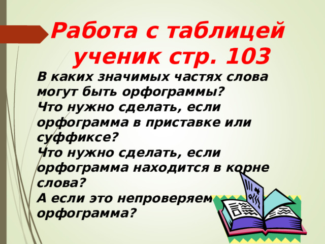 Работа с таблицей ученик стр. 103 В каких значимых частях слова могут быть орфограммы? Что нужно сделать, если орфограмма в приставке или суффиксе? Что нужно сделать, если орфограмма находится в корне слова? А если это непроверяемая орфограмма? 