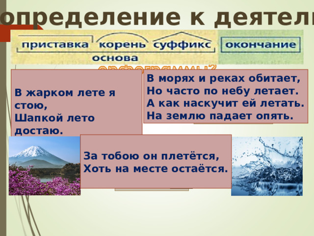 Самоопределение к деятельности  В жарком лете я стою, Шапкой лето достаю.  В морях и реках обитает, Но часто по небу летает. А как наскучит ей летать. На землю падает опять.  За тобою он плетётся, Хоть на месте остаётся.   