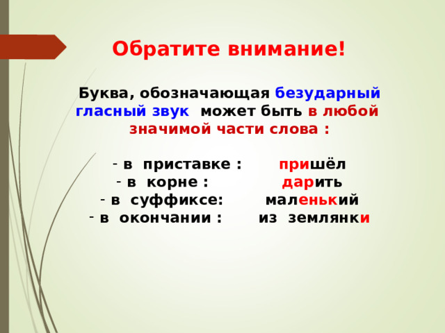 Обратите внимание!  Буква, обозначающая безударный гласный звук может быть в любой значимой части слова :   в приставке : при шёл  в корне : дар ить  в суффиксе: мал еньк ий  в окончании : из землянк и под 