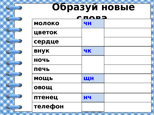 Образуй новые слова  молоко чн цветок сердце внук чк ночь печь мощь щн овощ птенец нч телефон 