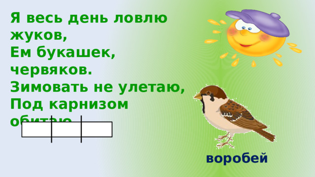 Я весь день ловлю жуков ем букашек червяков зимовать не улетаю под карнизом обитают