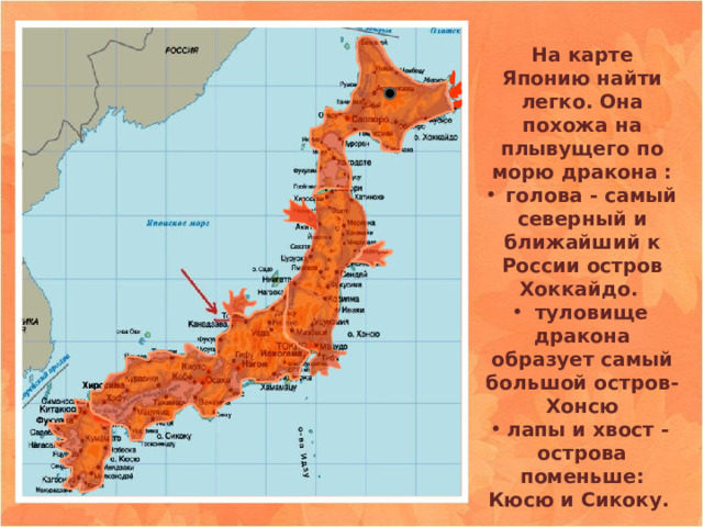 На карте Японию найти легко. Она похожа на плывущего по морю дракона :  голова - самый северный и ближайший к России остров Хоккайдо.  туловище дракона образует самый большой остров-Хонсю лапы и хвост - острова поменьше: Кюсю и Сикоку. 