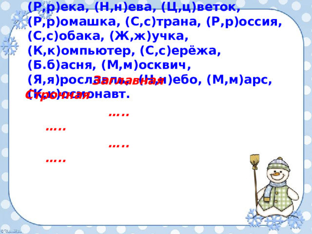  Упражнение 23 (Р,р)ека, (Н,н)ева, (Ц,ц)веток, (Р,р)омашка, (С,с)трана, (Р,р)оссия, (С,с)обака, (Ж,ж)учка, (К,к)омпьютер, (С,с)ерёжа, (Б.б)асня, (М,м)осквич, (Я,я)рославль, (Н,н)ебо, (М,м)арс, (К,к)осмонавт.   Заглавная Строчная … .. ….. … .. …..  