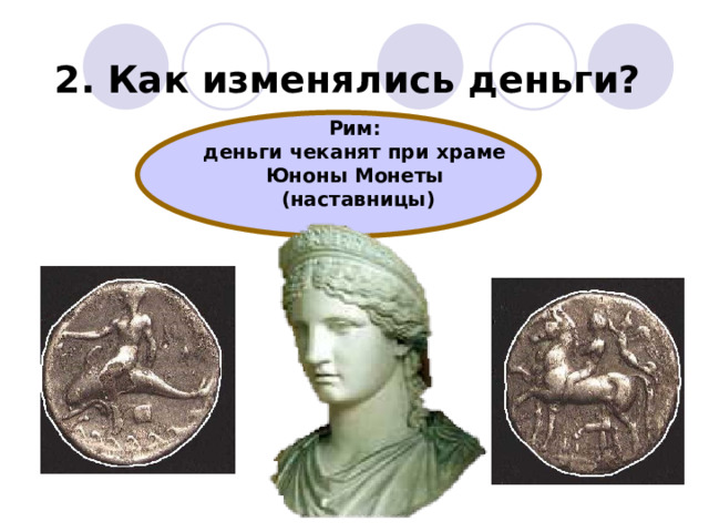 2. Как изменялись деньги? Рим: деньги чеканят при храме Юноны Монеты  (наставницы)  