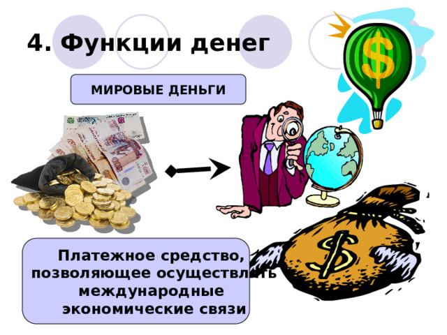 4. Функции денег МИРОВЫЕ ДЕНЬГИ Платежное средство, позволяющее осуществлять международные экономические связи 
