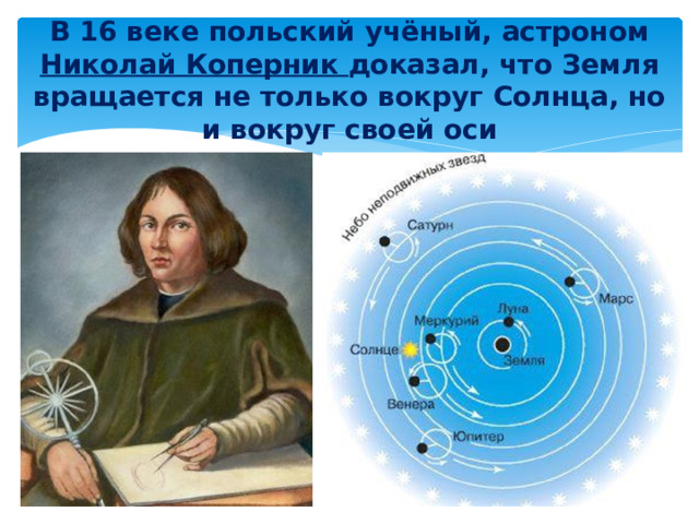 В 16 веке польский учёный, астроном Николай Коперник доказал, что Земля вращается не только вокруг Солнца, но и вокруг своей оси 