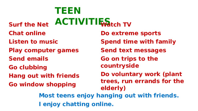TEEN ACTIVITIES Surf the Net Watch TV Chat online Do extreme sports Listen to music Spend time with family Play computer games Send text messages Send emails Go on trips to the countryside Go clubbing Do voluntary work (plant trees, run errands for the elderly) Hang out with friends  Go window shopping Most teens enjoy hanging out with friends. I enjoy chatting online. 